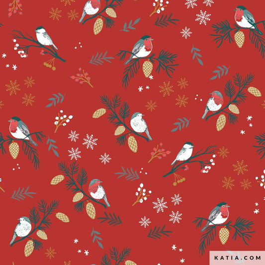 Tissu en Jersey "Les Oiseaux de Noël" par Katia